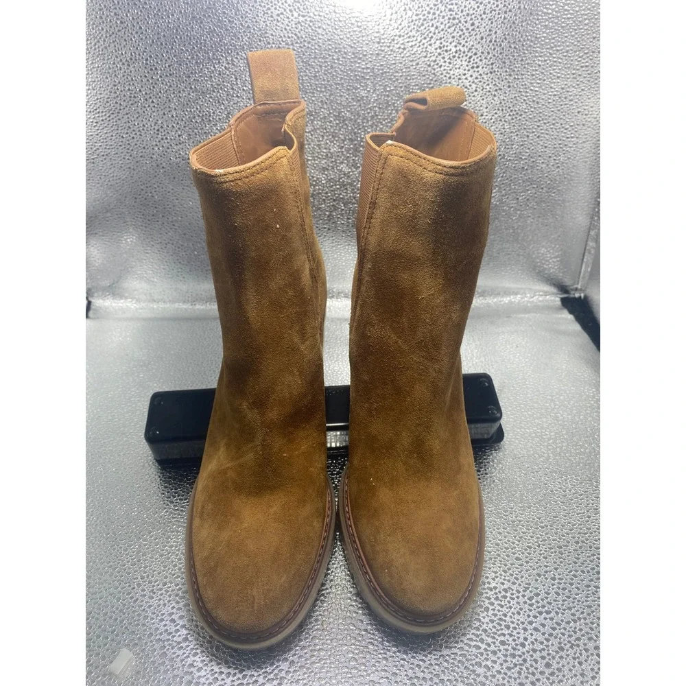 Tory Burch Lug Sole Suede Chelsea Boots Tan Block Heel Logo Ankle Booties 8.5